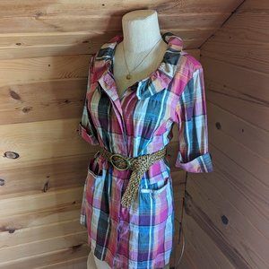 Anthropologie Little Yellow Button "With a Flourish" Pink Plaid Shirtdress